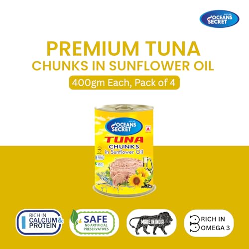 Image of Ocean Secrets | Canned Tuna Fish | Balanced Nutrition | Heart Healthy | Tuna in Sunflower Oil | Premium Cuts Ready to Eat | 400gm | Pack of 4