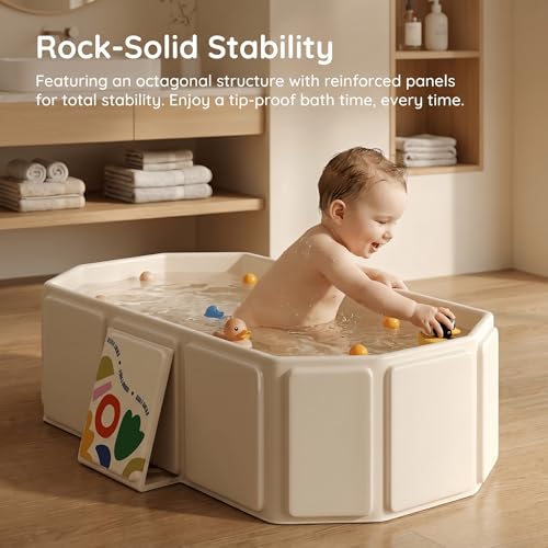 Image of Foldable Bathtub for Kids, Toddler Bath Tub with Drain Plug, Foldable Baby Shower Tub with 5 Balls and 2 Ducks, Portable Bathroom Pool Water Toy, Cat Dog Wash Shower Basin (White)