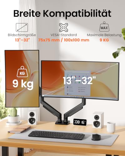 ErGear Monitor Halterung 2 Monitore 13-32 Zoll, 9KG, VESA 75/100, Schwarz – Ansicht 2