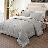 EMME Queen Comforter Set - Bed Sheet, Ultra Soft 7 Piece White Grey Bedding Sets, Queen Bed in a Bag, All Season Bed Set with 1 Comforter, 1 Flat Sheet, 1 Fitted Sheet, 2 Pillowcases，2 Pillow Shams