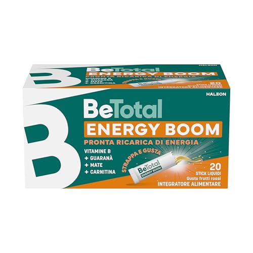 Betotal Energy Boom, Integratore Alimentare con Vitamine B, Guaranà, Mate e Carnitina, effetto tonico per ricaricare le energie in caso di stanchezza, Gusto Frutti Rossi, 20 stick liquidi