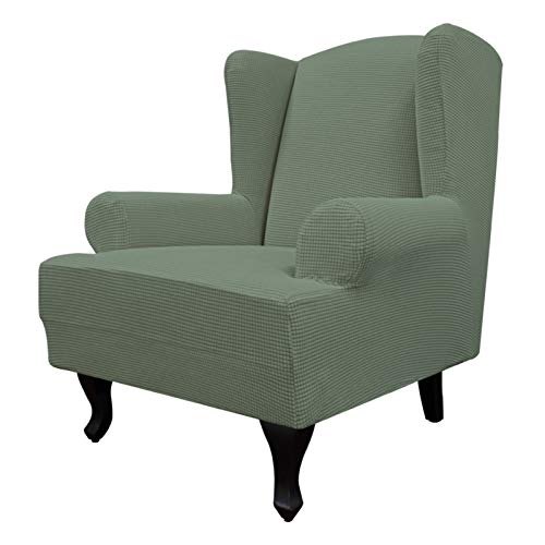 Image of Easy-Going Stretch Large Wingback Chair Sofa Slipcover Greyish Green | 1-Piece Sofa Cover Furniture Protector Couch Soft with Elastic Bottom, Spandex Jacquard Fabric Small Checks