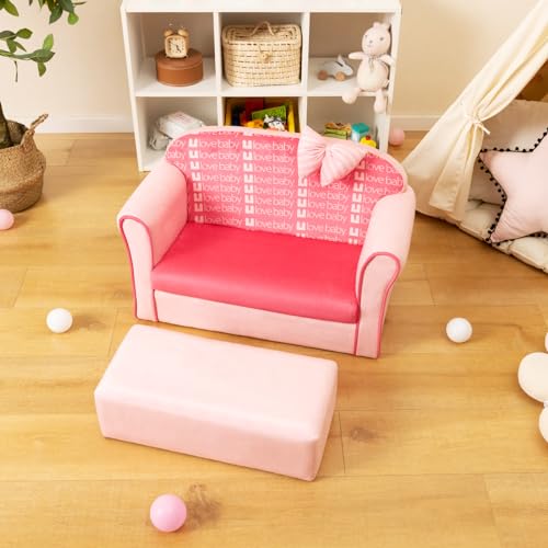 Costzon Pink Toddler Sofa for Kids, Loveseat, Velvet Armchair Gift