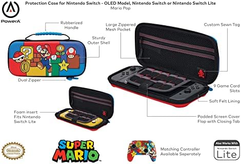 PowerA Protection Case for Nintendo Switch, Switch Lite & OLED Model, Hard Shell Protective Pouch with Carry Handle and 9 Game Cards Storage, Official: Mario Pop