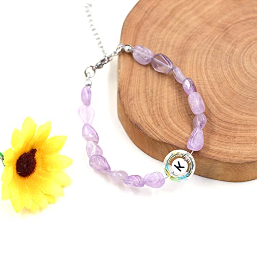 Image of Uloveido Purple Natural Stone and Austrian Crystal Letter Bracelet, Personalized Initial Jewelry for Women A-Z 26 Letters