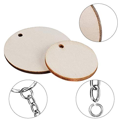 ManLee 100 Set Tranches de Bois Naturel avec 3/4cm Porte Clé Bois Personnalisable DIY Étiquette Rond en Bois à Peindre avec Trous et Anneaux Chaîne Craft Wood Porte-clés de Bricolage Pendentif Bijou