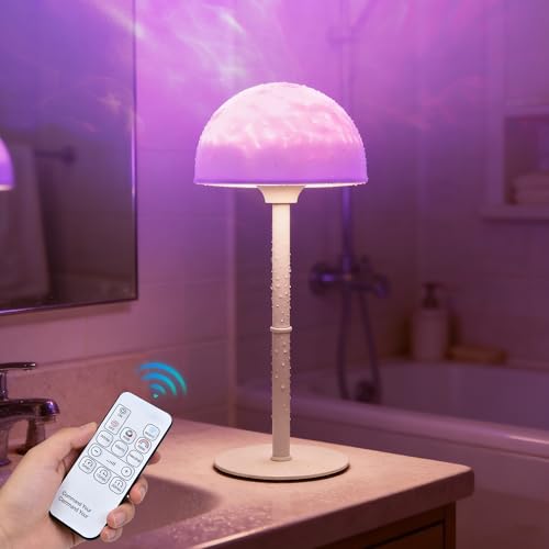 DKCWN Waterproof Shower Lamp, Ocean Wave Projector with Colorful LED Lights, Rechargeable Bathroom Light with Touch & Remote Control, Cordless Lamp for Inside Shower Bathtub