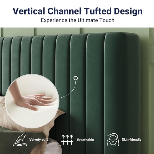Image of Allewie Twin Bed Frame, Velvet Upholstered Platform Bed with Adjustable Vertical Channel Tufted Headboard, Mattress Foundation with Strong Wooden Slats, Box Spring Optional, Easy Assembly, Green
