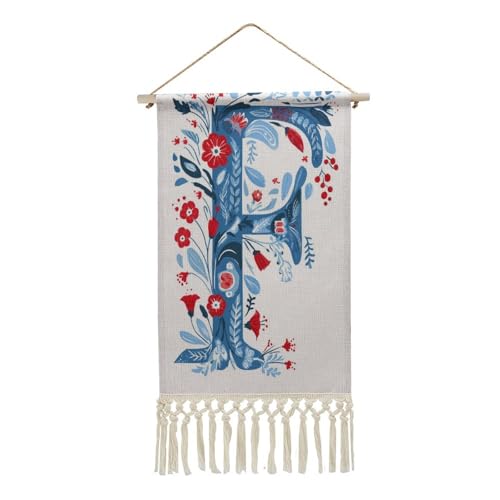 Jubonexis Arazzo da parete in lino, lettera F minimalista con arte popolare, poster da parete vintage con nappa e asta in legno