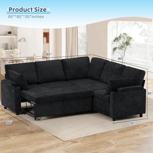 Image of 85 inch Chenille Sectional Sofa w /Pull Out Bed & Storage Space, Black | Upholstery L Shaped Couch w /Cup Holders, Modern Corner Sofa w /USB Charging Port & Throw Pillow for Living Room