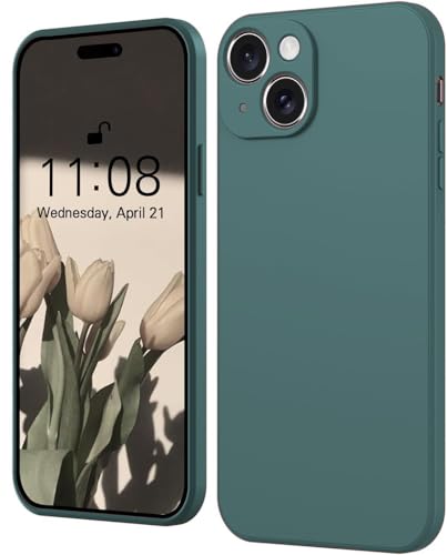 Image of Elzzi Microfiber Square Candy Case Compatible for iPhone 14, Shockproof Slim Back Cover Liquid Silicone Case - Forest Green