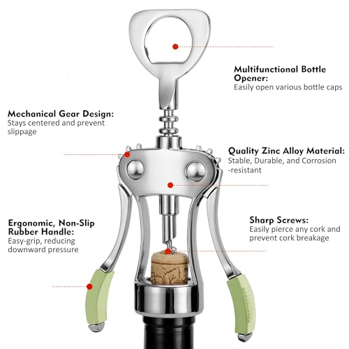 Image of KORCCI Wine Opener, Heavy-Duty Zinc Alloy Wing Corkscrew, Premium Beer Bottle Opener, Multifunctional Wine Accessories with Ergonomic Handle and Sharp Screw, for Kitchen, Bar, Restaurant (GREEN)
