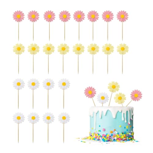 Xiciki 24 Pièces Marguerite Fleur Cupcake Toppers, Marguerite Decoration Gateau Anniversaire, Marguerite Cupcake Toppers pour Fête d'Anniversaire des Enfants, Filles, Mariage, Baby Shower