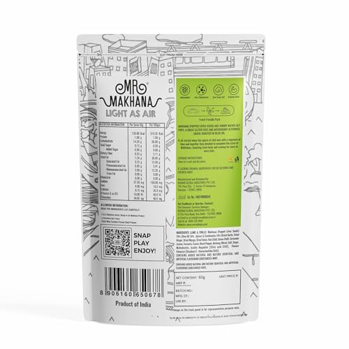 Image of Mr. Makhana Roasted Makhana and Foxnuts | Healthy Snacks | Gluten Free | MSG Free | Antioxidant | Rich Calcium | Zero Trans Fat | Zero cholesterol (Lime & Chilli, 55G)