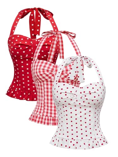 MakeMeChic Women's 3 Pack Casual Halter Tops Polka Dots Gingham