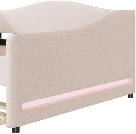 Miniatura 39 de MERITLINE Sofá cama tapizado de tamaño individual con nido y LED, marco de cama de día de forro polar con listones de madera maciza, sofá cama