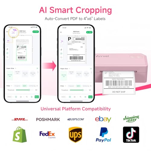 Image of Bluetooth Thermal Shipping Label Printer with Stand and 500 Sheets Fanfold Thermal Labels for Small Business (Pink