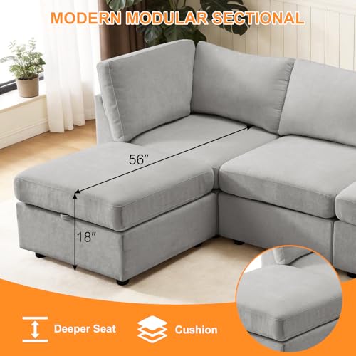 Image of TEKAMON 122 inch Modern Sofa Modular Sectional Couch, 4-Seat Chenille Deep Seat Sofa for Living Room, Bedroom and Apartment, Light Grey