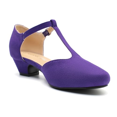 Image of MAIERNISI JESSI Women's T-Strap Mary Jane Pumps, Low Block Heel, Closed Toe, Buckle Ankle Strap