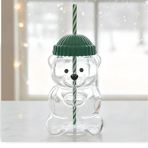 JOLINO Bear Straw Glass Cup 20oz Eco-Friendly Cute Bear with Lid & Reusable Straw Cute Animal Design Glass Cup for Boba Smoothies & Iced Coffee and CocktailsDishwasher Safe
