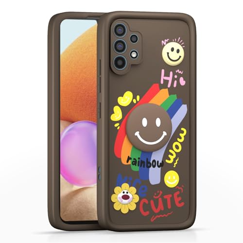 Image of Pikkme Back Cover for Samsung Galaxy A32 4G | Soft Silicone| Cute Rainbow Smile & 3D Cartoon Flower Design | Shockproof Raised Camera Protection Bumper Case (Brown)