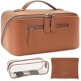 Divvia Travel Makeup Bag 3 Pcs Set, Waterproof Vegan Leather Toiletry Bag Organizer with Compartments & Handle, Cosmetic Bags for Women, Portable Travel Essentials Pouch (Large, brown)