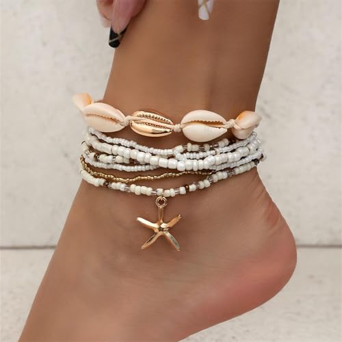 Image of Shell Bracelet,Gold Plated Starfish Ankle Bracelets for Women Waterproof Stack Beaded Anklet Boho Hawaiian Vacation Beach Jewelry Gifts