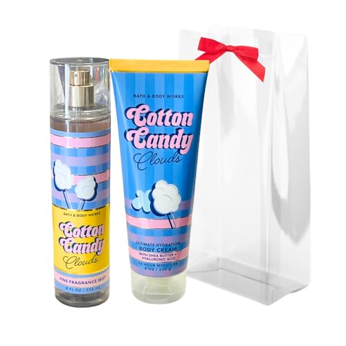 Bath & Body Works COTTON CANDY CLOUDS Fine Fragrance Mist and Ultimate Hydration Body Cream 2pc Gift Set with a Red Bow for Holidays Full Size