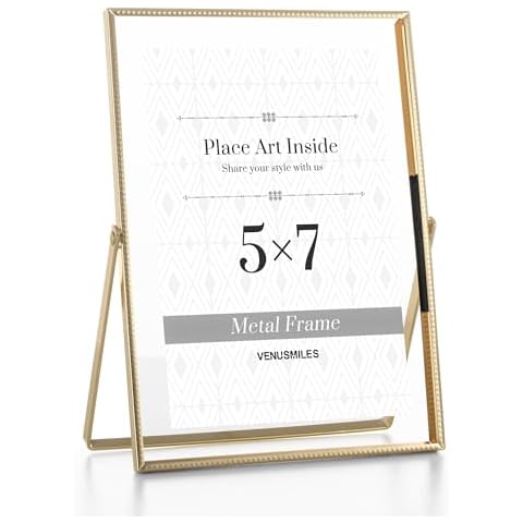 Venusmiles Gold 5x7 inch Metal Floating Picture Frame - For Photo Sizes (3.5x5'', 4x6'' up to 5x7'') - High Definition Glass - Metal Lace Edge Frames Adjustable Tabletop Shelf Photo Frame - Set of 1 Cover