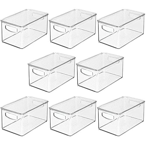 mDesign Deep Plastic Bathroom Storage Bin Box, Lid/Built-in Handles, Organization for Makeup, Hair Styling Tools, Toiletry Accessories in Cabinet, Shelves, Ligne Collection, 8 Pack, Clear