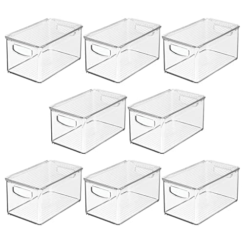 Image of mDesign Plastic Deep Storage Bin Box Container with Lid and Built-In Handles - Organization for Fruit, Snacks, or Food in Kitchen Pantry, Cabinet, or Cupboard, Ligne Collection, 8 Pack, Clear