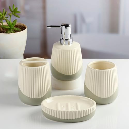 Image of SaSaSa Ceramic Bathroom Accessories Set of 4 - Stylish Bath Set with Liquid Soap Dispenser, Toothbrush Holder, Tumbler and Soap Dish for Modern Bathroom Decor, White /Grey (12099)