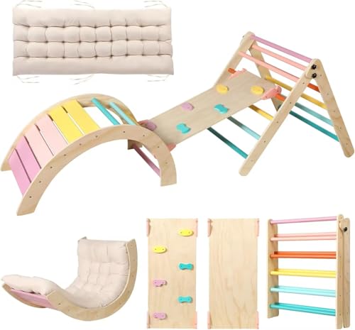Image of Yopnoyik Pikler Triangle Set with Cushion Large, 5 in 1 Toddler Climbing Toys Indoor, Montessori Foldable Climbing Set for Kids, Wooden Playground Jungle Gym with Ramp, Arch and Ladder (Color-B)