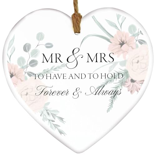 Image of Mr & Mrs Forever And Always Wedding Floral Decoration Ceramic Heart Hanging Wall Plaque
