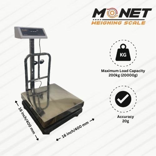 Image of MONET Weighing Scale | Green Display Light | For Industrial And Commercial Use | Size 16 * 16 inches | Weight Limit 200kg