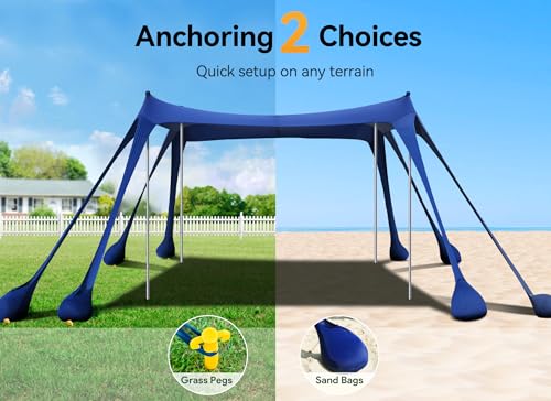 Image of Vibemo Beach Tent, Beach Canopy Sun Shade with UPF50+ UV Protection, 10x10ft, Includes 8 Sandbags, Sand Shovel, Ground Pegs & 4 Stability Poles, Pop Up Sun Shelter for Camping, Picnics, Backyard Fun