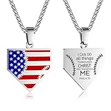 Yooborn 24 Inch American Flag Stars Stripes Baseball Home plate Chain Necklace Prayer Christ who Strengthens phil 4:13 Baseball Jewelry Gift, Sports coach or teammate gifts.