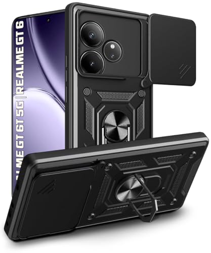 Image of WOW IMAGINE Tough Armor Bumper Mobile Back Case for Realme GT 6T 5G | Realme GT 6 | Sliding Camera Shield Cover | Shock Proof 360 Protection | Hybrid PC + TPU | Ring Holder with Kickstand - Black