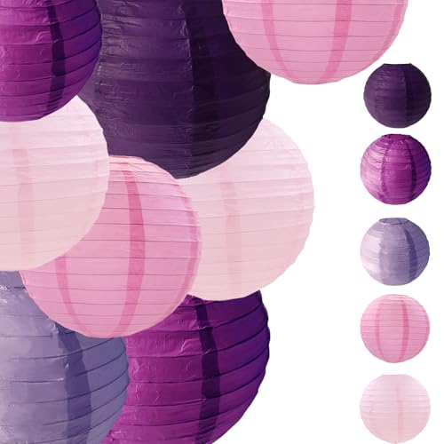 Image of Purple Pink Paper Lanterns Decorative 15pcs Party Hanging Decorations for Bachelorette Wedding Birthday Baby Shower Graduation Anniversary Lavender Themed Room Decor