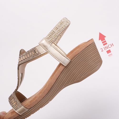 FRALOSHA Wedge Sandals for Women Dressy Elastic Ankle Strap Rhinestone Casual Summer Low Heel Comfortable Shoe4
