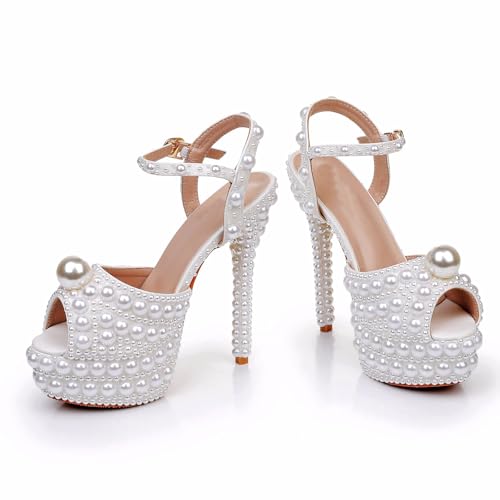 Women's Leather Pearl Fish Mouth Stiletto Heeled Sandals Adjustable Ankle Strap Fashion Round Peep Toe Platform Heeled Sandals for Wedding Party Dress Pump Shoes3