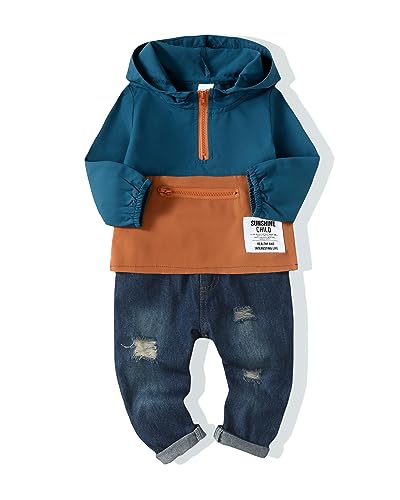 Image of Renotemy Toddler Baby Boy Clothes Denim Outfits Infant Hooded Sweatshirt Jeans Pants Little Boys Clothing