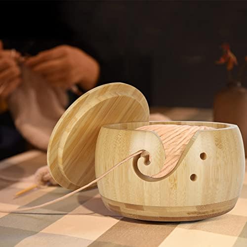 GOYADA Bamboo Yarn Bowl with Lid, Handmade Yarn Wool Storage Ball Bowl Holder for Crochet Knitting DIY Crafts Gift (6 x 3)