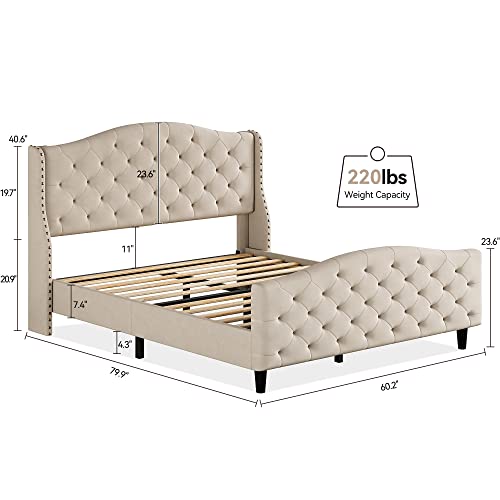 Idealhouse Modern Upholstered Queen Bed Frame,Button Tufted Headboard And Footboard Design Solid Wooden Slat Support Easy Assembly,Beige (Queen) #TOP1