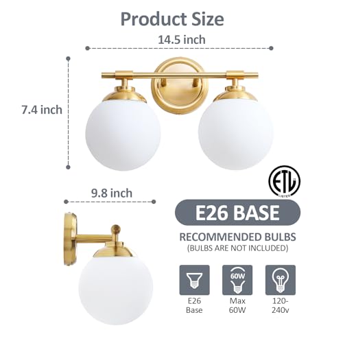 Image of Rayogale Bathroom Light Fixtures, 2-Light Gold Vanity Lights Over Mirror with White Glass Shade, 15 Inch Bathroom Wall Sconces for Bedroom Living Room (Bulbs Not Included)