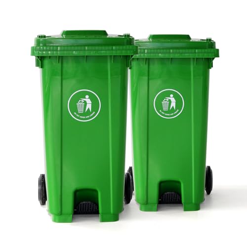 Outdoor Trash Can with Lid and Wheels, 2 Pack 64 Gallon Trash Can with Foot Switch?Rolling Garbage Bin Suitable for Garage/Backyard/Patio/Mall (Green)