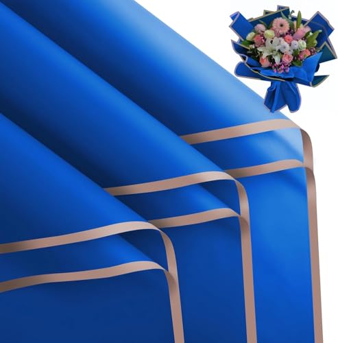 Image of Zarwani - 5 Sheets Korean Style Waterproof Royal Blue Bouquet Wrapping Paper (58cm x 58cm, 60 Microns) | Border Design, Giftwrap for Flowers & Christmas Gift Wrapping Paper (5, Gold Border R Blue)