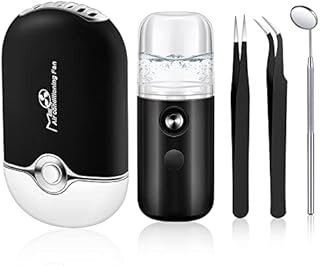 USB Eyelash Fan Dryer Blower Handheld and Nano Mist Sprayer, Air Conditioning Dryer Fan Rechargeable for Eyelash Extension with 2 Pcs Straight and Curved Tweezers Makeup Mirror (Black)