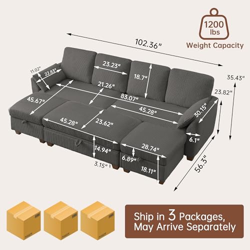 Image of Convertible Sectional Sofa with Storage Ottomans & Long Bench /Coffee Table, Modern Corduroy, U-Shaped Couch with Double Chaise, 4 Seat Sofa Set Couches for Living Room, Apartment, Dark Grey