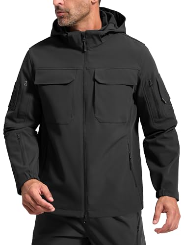 FREE SOLDIER Men's Waterproof Softshell Jacket Fleece Lined Outdoor Jacket Tactical Military Hoodie Windbreaker (Black, L)